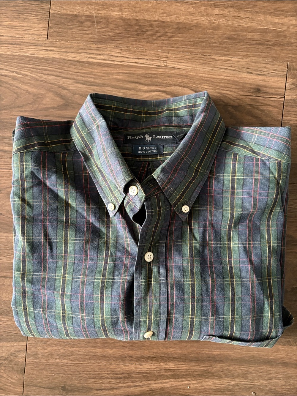 Ralph Lauren Green and Navy Plaid Button-Down Big Shirt, Mens Size Medium